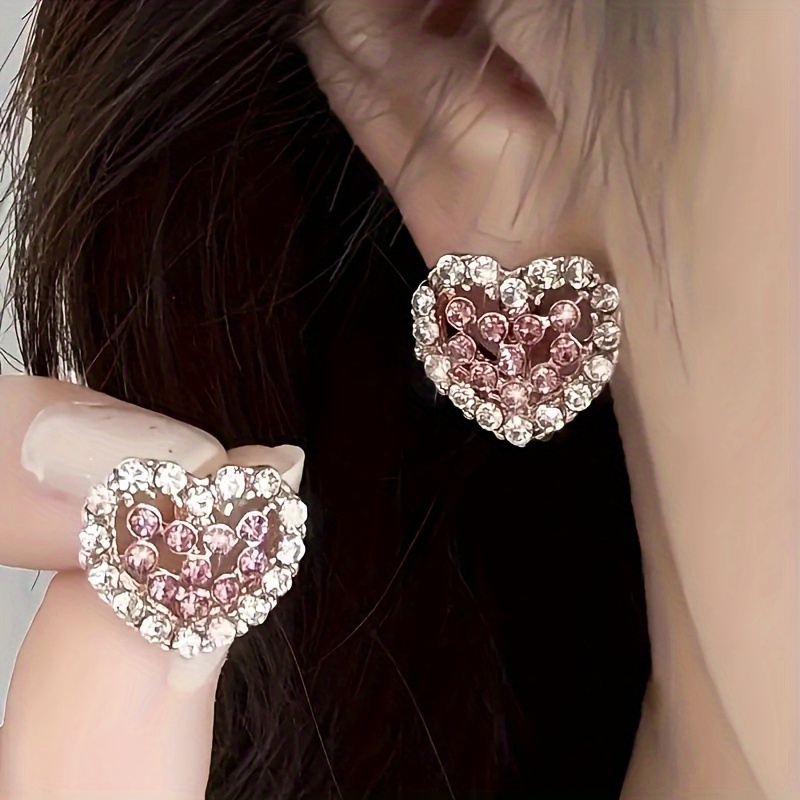 Pink Rhinestone Heart Stud Earrings 925 Sterling Silver Ear Needle